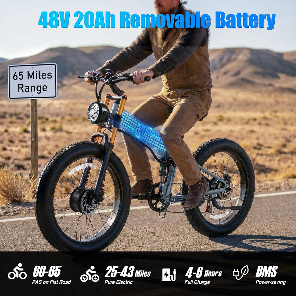 2026 Dual Motor Electric Bike for Adults AWD 5000W/3000W Peak 40 MPH/30 MPH E Dirt Bike, 52V/48V Removable Battery 65/80/150 Miles Max Long Range with Full Suspension 26' Fat Tires Mountain Bike
