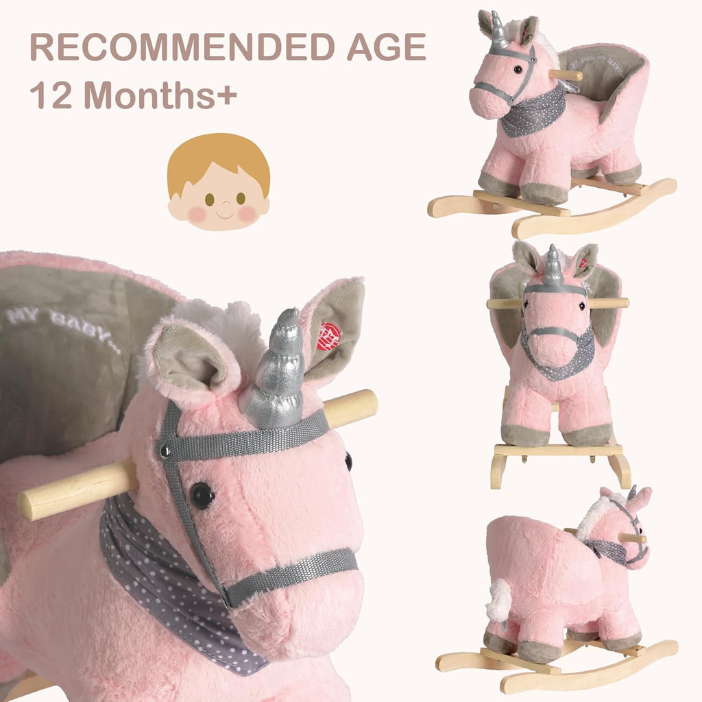Baby Animal Rocker, Rocking Horse with Seat, Ride on Horse, Plush Rocking Horse with Unicorn Music, Wooden Rocking Horse for Toddlers 1-3, (Pink Unicorn), CPC Certified