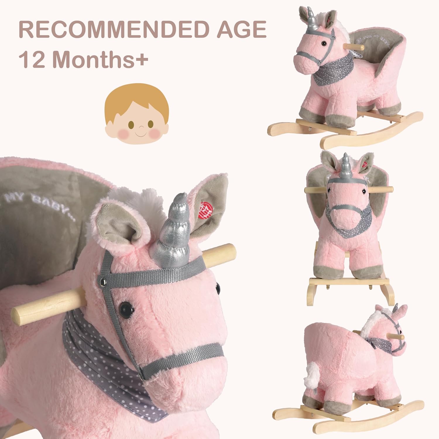 Baby Animal Rocker, Rocking Horse with Seat, Ride on Horse, Plush Rocking Horse with Unicorn Music, Wooden Rocking Horse for Toddlers 1-3, (Pink Unicorn), CPC Certified