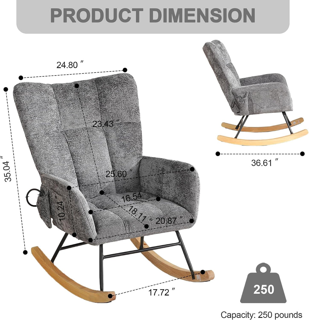 Rocking Chair Nursery with Airbag, Comfy Nursery Rocking Reading Chair Indoor, Cozy Upholstered Glider Rocker Chairs for Living Room Bedroom Offices, Sillas Mecedoras(Chenille, Dark Grey)