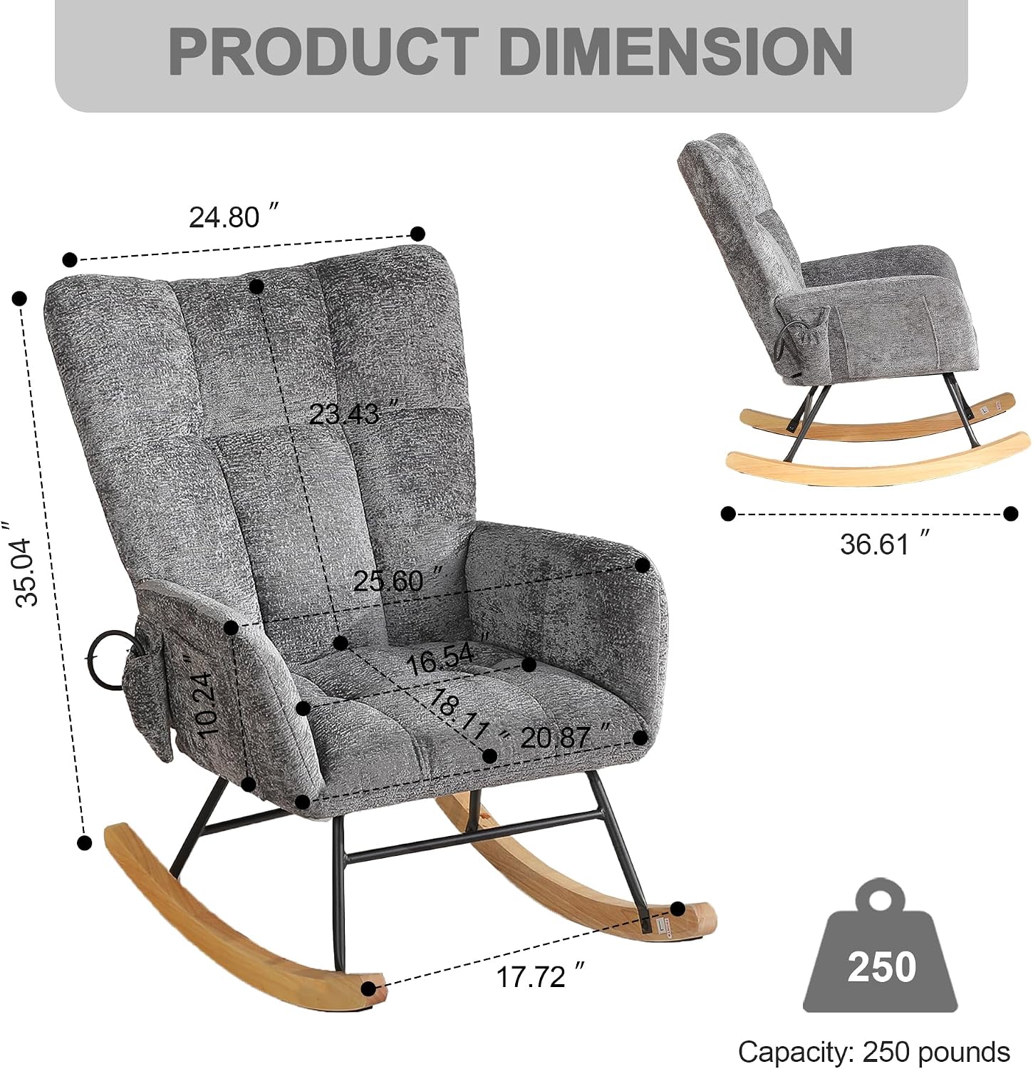 Rocking Chair Nursery with Airbag, Comfy Nursery Rocking Reading Chair Indoor, Cozy Upholstered Glider Rocker Chairs for Living Room Bedroom Offices, Sillas Mecedoras(Chenille, Dark Grey)