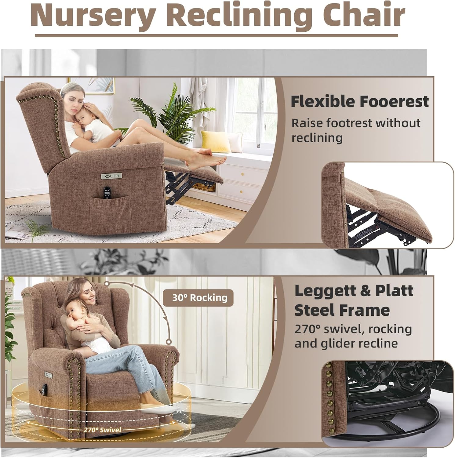 Power Swivel Rocking Glider Recliner Chair with Massage and Heat, Electric Nursery Glider Rocker for Living Room, Wingback Tufted Upholstered Recliner Chair with Type-C & USB Ports, Brown
