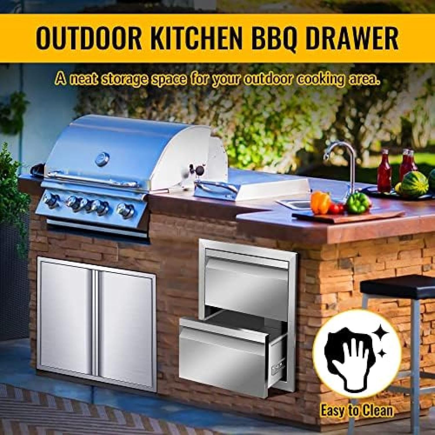 Outdoor Kitchen Drawer Stainless Steel BBQ Triple Drawer Flush Mount for Outdoor Kitchen Island,-14W X 15H X 23D Inch