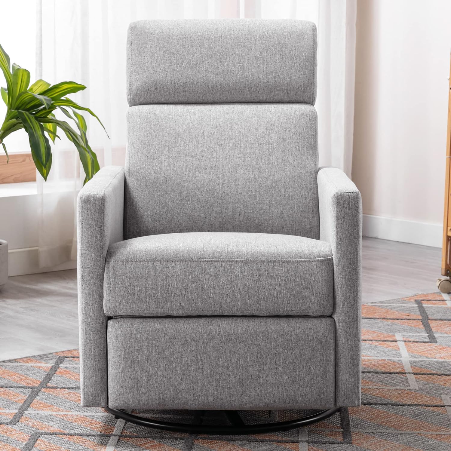 JIVOIT Modern Upholstered Recliner Chair with Tall Backrest, Rocker Nursery Chair Plush Seating Glider Swivel Recliner Chair, Single Sofa Home Theater Seating with Square Arms (Gray+Square Arms)