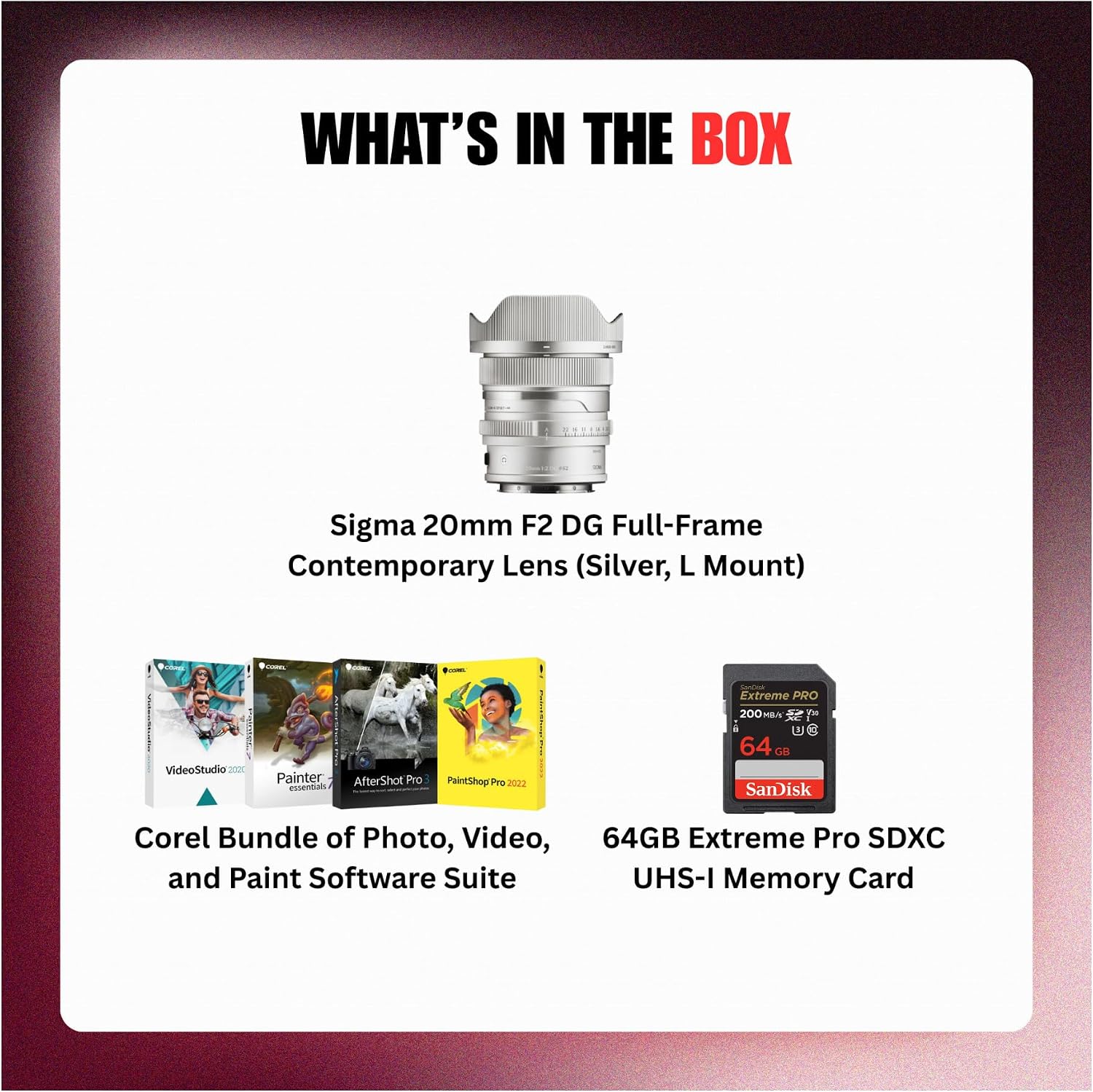 Sigma 20mm F2 DG Full-Frame Manual Aperture Ring Contemporary Lens (Silver, L Mount) Bundle with Software Suite and Memory Card (3 Items)