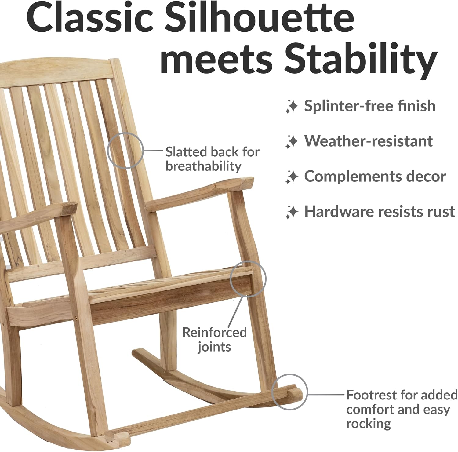 Sunnydaze Teak Outdoor Rocking Chair with Slatted Back - Wooden Front Porch Chair for Patio - Outside Porch Rocker - 325 lb Support