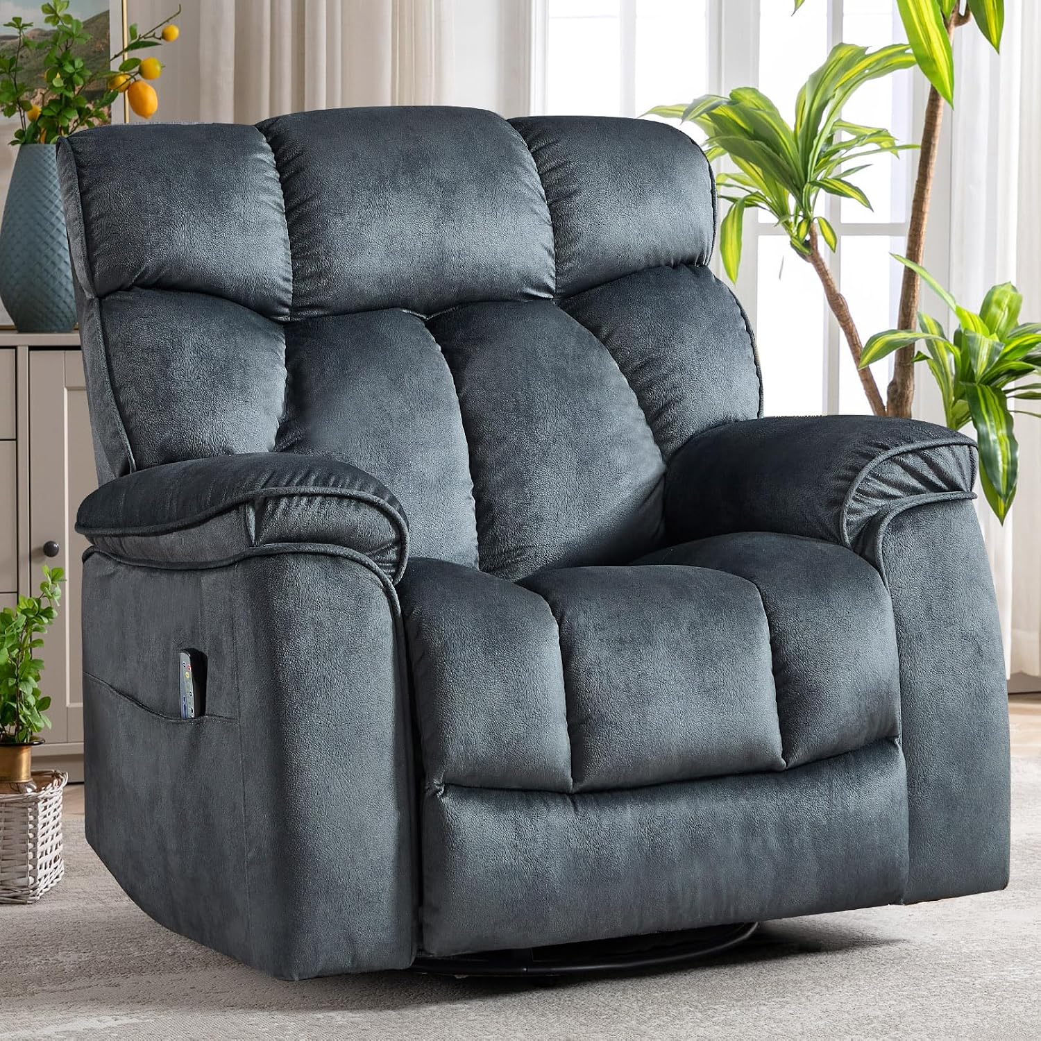 INZOY Oversized Rocker Recliner with Heat and Vibration, Manual Swivel Rocking Recliner Chair with Vibrating Massage, Comfy Padded Overstuffed Soft Fabric Heated Recliner, Grey