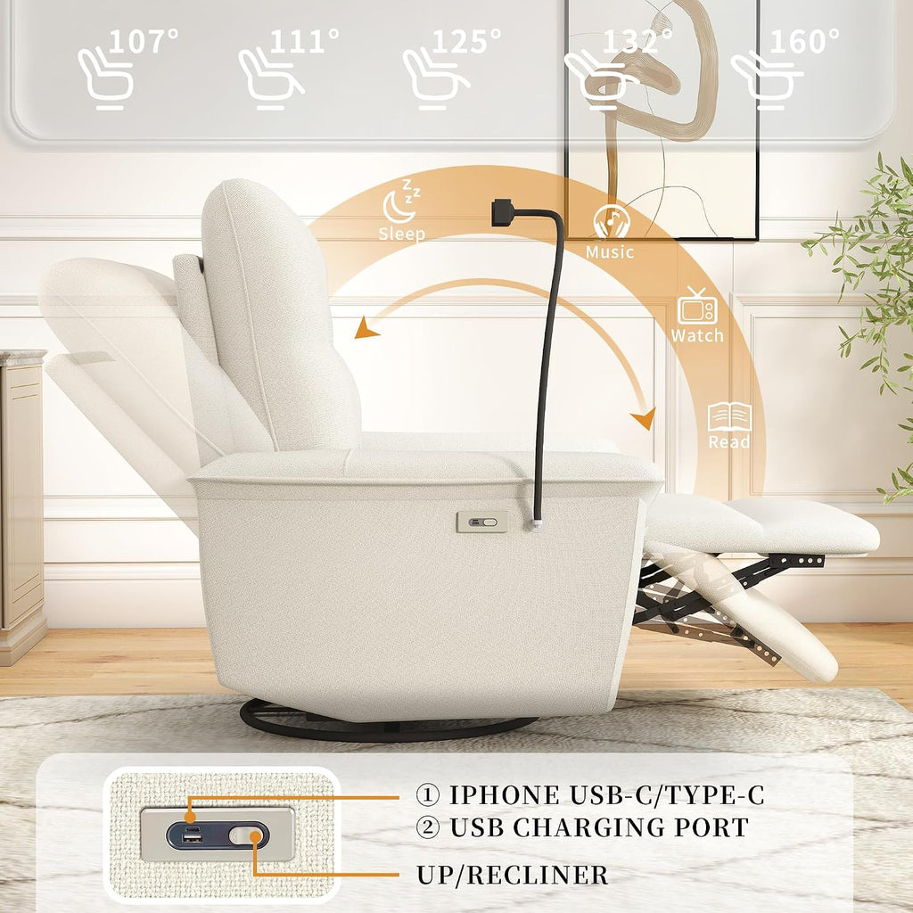 Power Swivel Rocker Recliner Chair for Nursery, Upholstered Glider Rocking Chair with Phone Holder,USB Ports, Small Recliners for Small Spaces Living Room, Bedroom