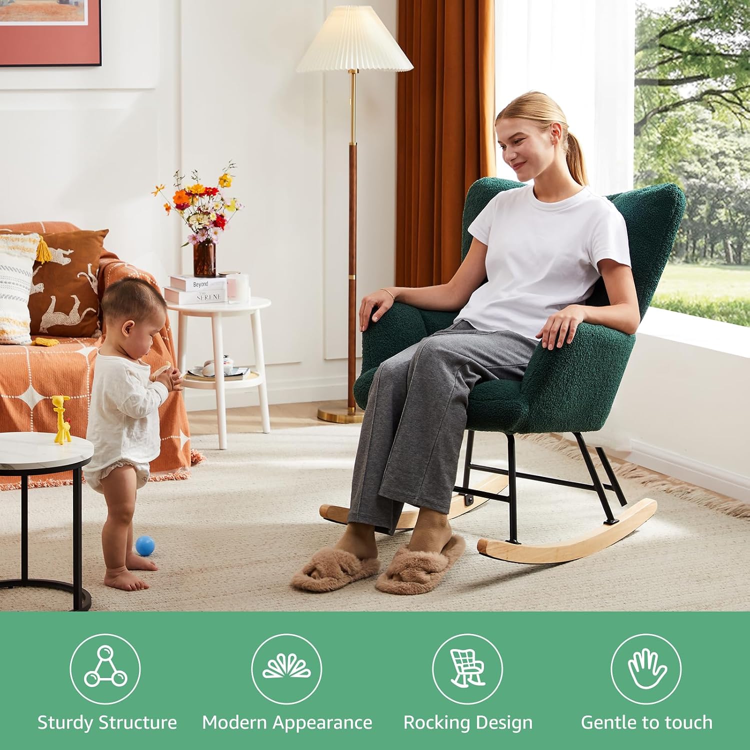 YSSOA Nursery Rocking Chairs, Teddy Upholstered Glider Recliner Rocking Chair with High Backrest Armchair, Comfy Reading Chair Fluffy Accent Side Chair for Nursing, Living Room, Bedroom, Green