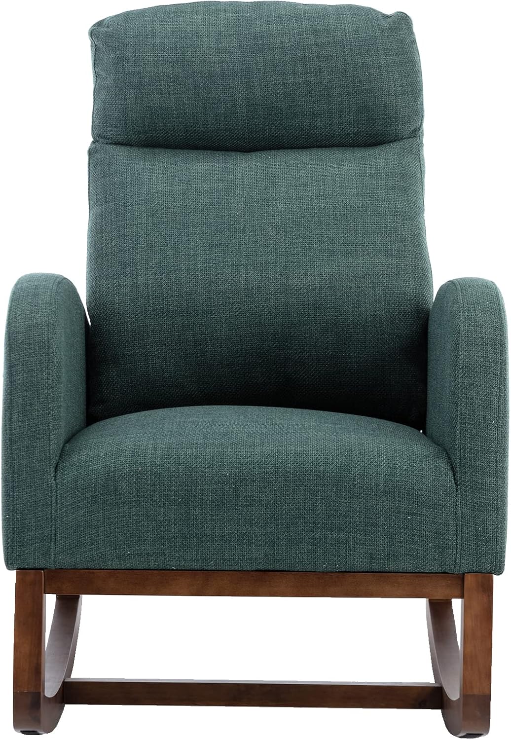 Modern Rocking Chair with Breathable Yellow Linen & Solid Wood Legs - Recliner Glider Armchair Featuring Side Pocket, High Back Support for Nursery, Living Room, Bedroom (Emerald)