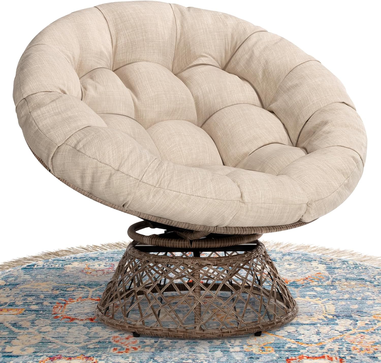 Bme 40' Ergonomic Wicker Papasan Chair with Soft Thick Density Fabric Cushion, High Capacity Steel Frame, 360 Degree Swivel for Living, Bedroom, Reading Room, Lounge, Sepia Sand - Brown Base