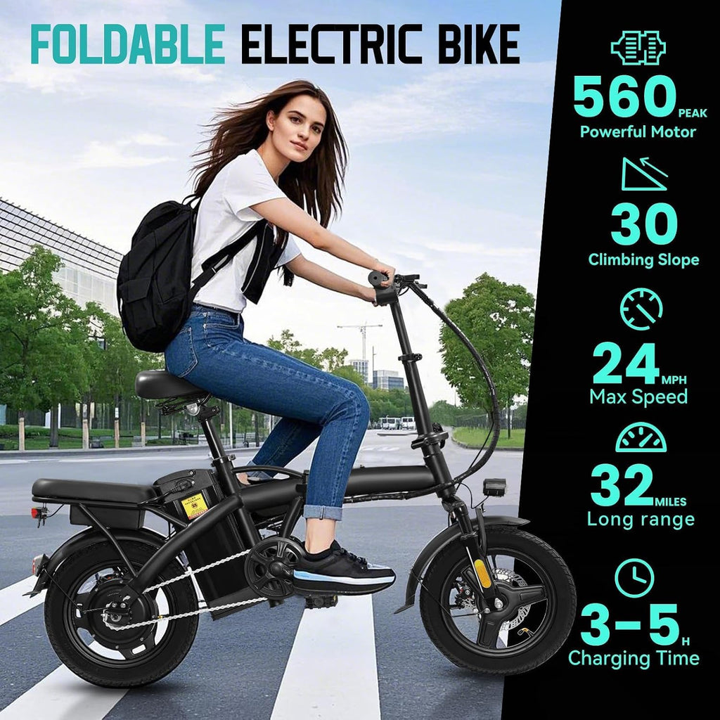 Folding Electric Bike for Adults and Teens, 560W Motor 24MPH Compact Commuter Ebike, 32 Miles Range, 48V 10Ah Battery, 3-Level Pedal Assist, 14' Mini Foldable Electric Bicycles, UL2849 Certified