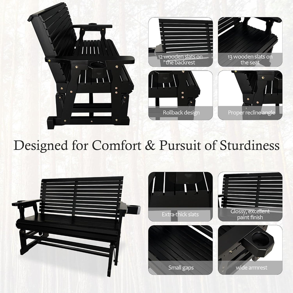 Fortune Candy Patio Glider with Cup Holders, High Roll Back and Deep Contoured Seat,Heavy Duty 800 Lb (Carbon Black, 2-Seater 42.4'')