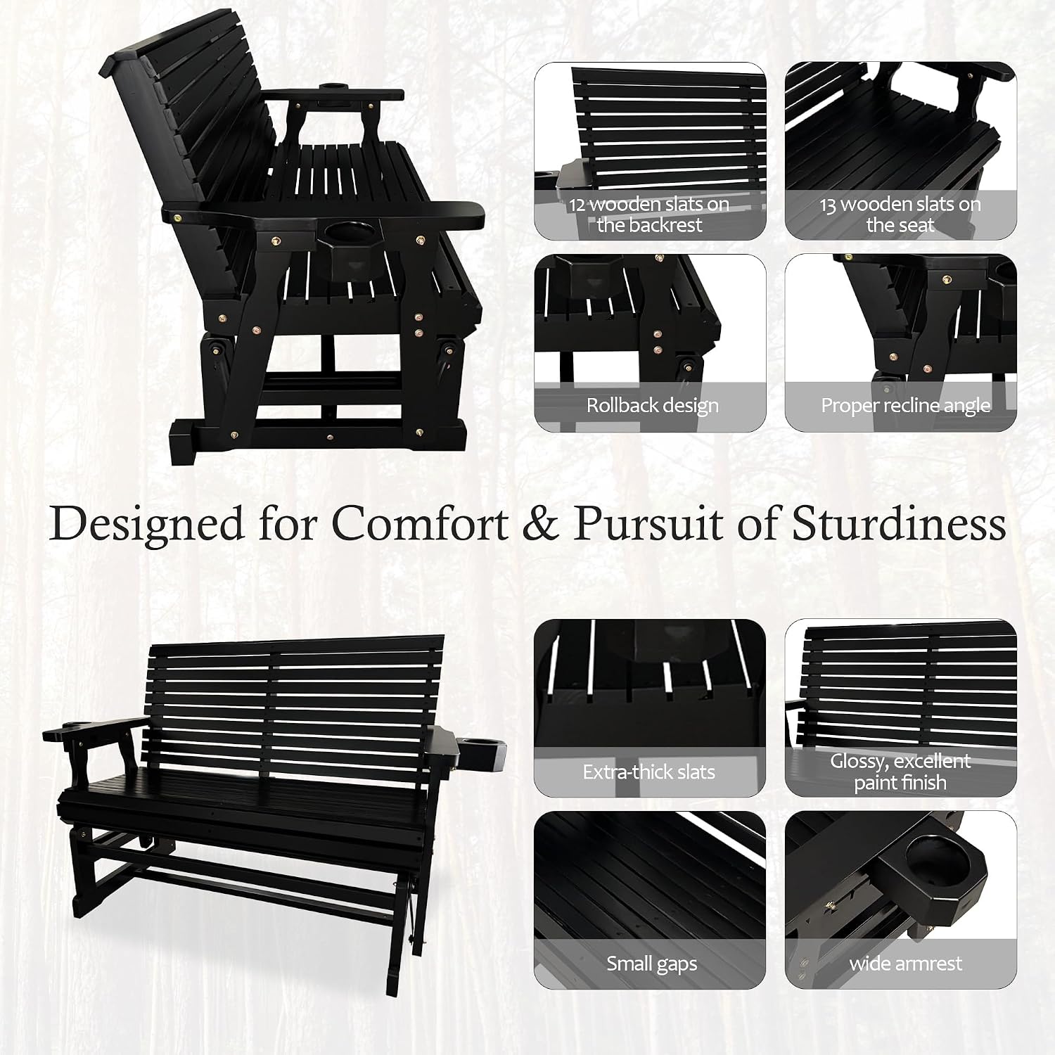 Fortune Candy Patio Glider with Cup Holders, High Roll Back and Deep Contoured Seat,Heavy Duty 800 Lb (Carbon Black, 2-Seater 42.4'')