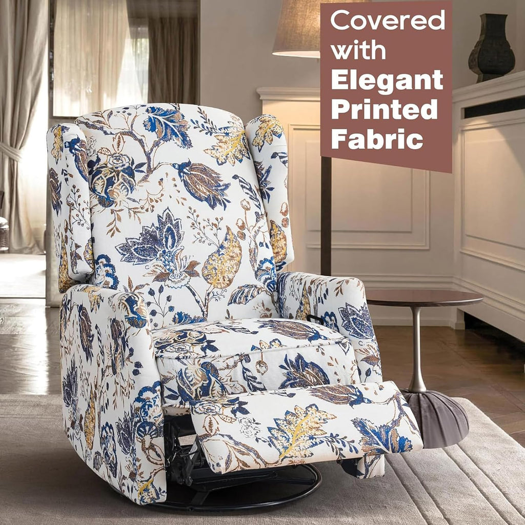 Swivel Rocker Recliner Chair, 360° Swivel Recliner with Rocking & Manual Push-Back Recline, Floral Wingback Glider Recliner for Nursery, Living Room, Bedroom, Adjustable Backrest & Footrest (Blue)
