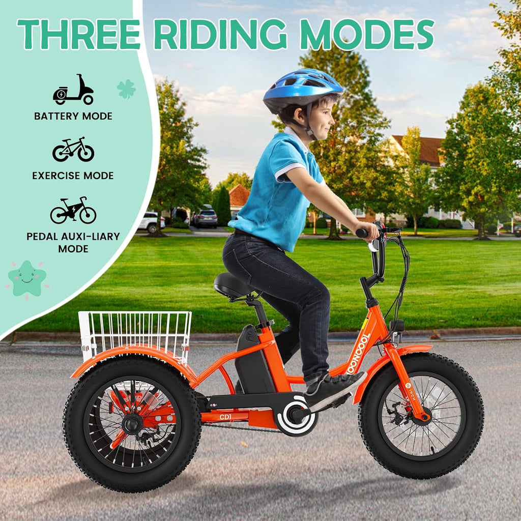LILYPELLE Electric Tricycle for Youth, 250W Aluminum Frame Electric Tricycle Etrike, 16IN 3 Wheels Electric Bicycle Bikes, 3.0 Fat Tire Electric Trike with Removable Battery and Rear Basket