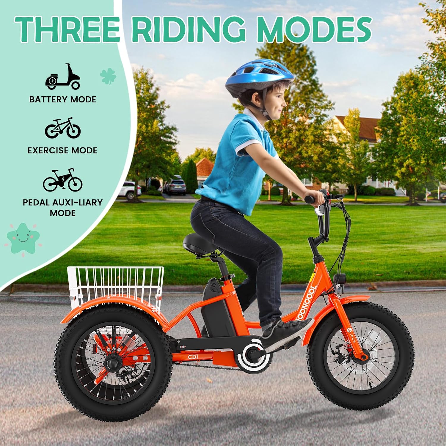 LILYPELLE Electric Tricycle for Youth, 250W Aluminum Frame Electric Tricycle Etrike, 16IN 3 Wheels Electric Bicycle Bikes, 3.0 Fat Tire Electric Trike with Removable Battery and Rear Basket