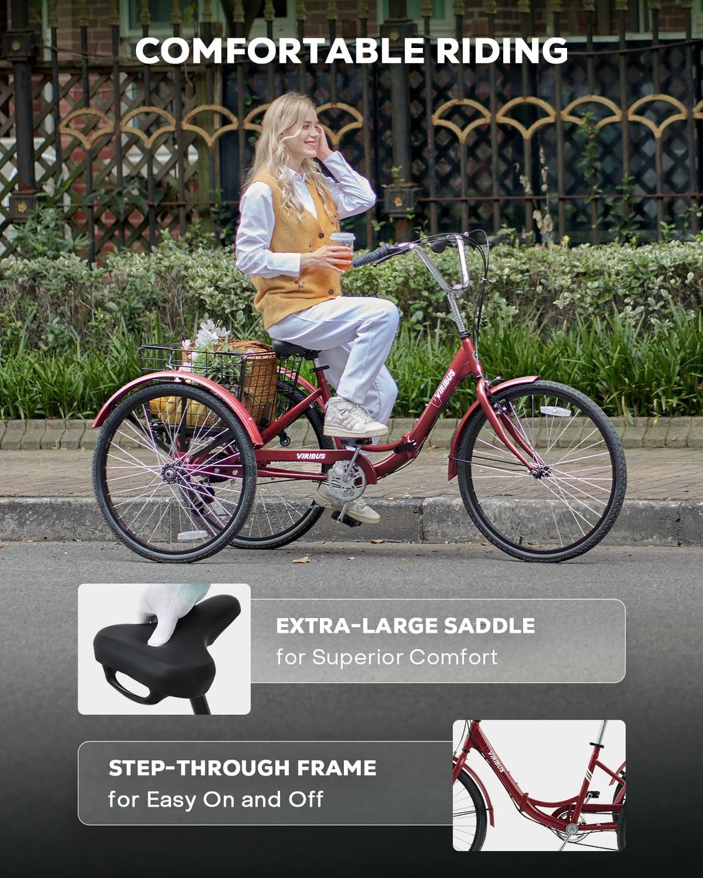 VIRIBUS Folding Tricycle for Adults, 7 Speed Foldable Adult Tricycle with Removable Wheeled Basket, Folding 3 Wheel Bikes for Women Men Seniors 24 26 inch, Collapsible Three Wheeler Trike 330 LB.