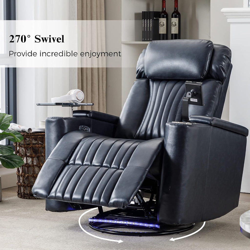 Recliner Chair, 270° Power Swivel Recliner Chair with 360° Swivel Tray Table and Cell Phone Holder, Cup Holder, Home Theater Seating with Hidden Arm Storage, Soft Living Room Chair (Blue/27)