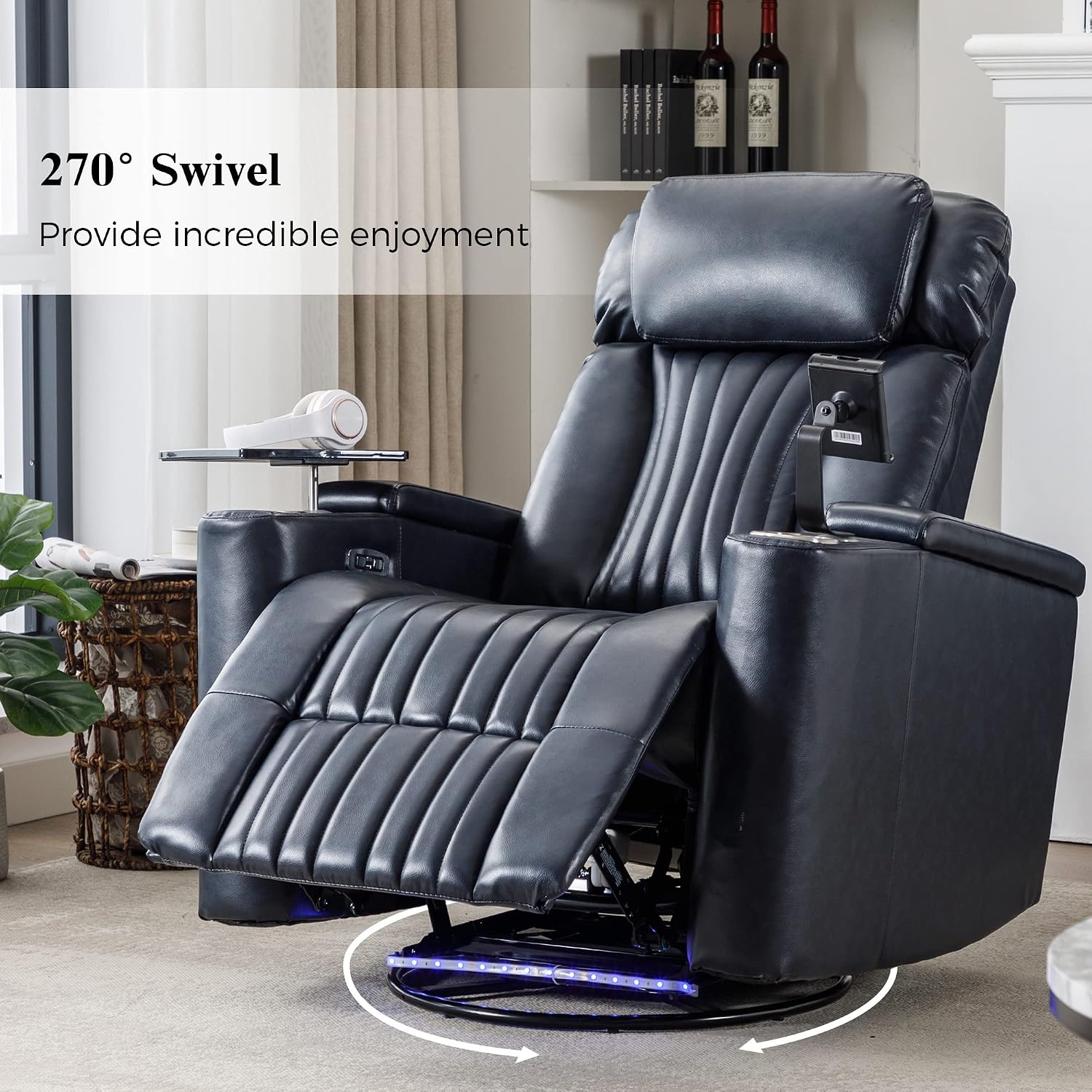 Recliner Chair, 270° Power Swivel Recliner Chair with 360° Swivel Tray Table and Cell Phone Holder, Cup Holder, Home Theater Seating with Hidden Arm Storage, Soft Living Room Chair (Blue/27)