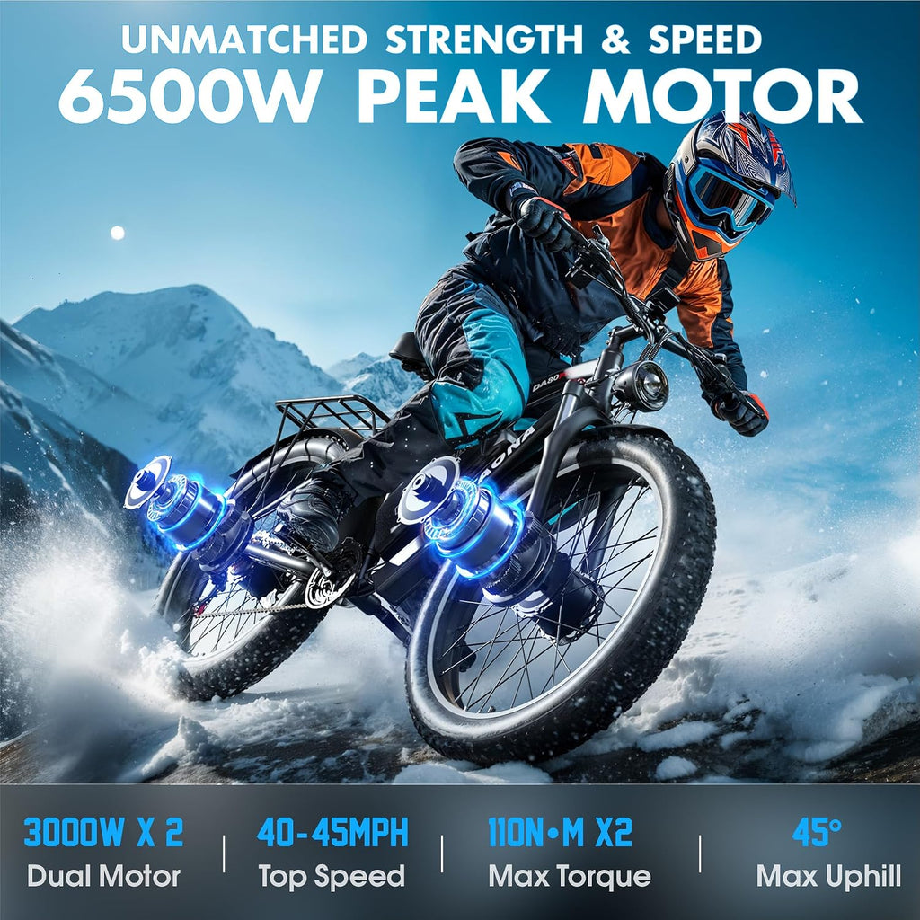 DATAONA 6500W Electric Bike for Adults: 45MPH Fast Dual Motor EBike, 24' 26' Fat Tire Electric Bike, 52V 32AH Battery Up to 100 Miles, Hydraulic Disc Brake E Bicycle for Mountain Off-Road Commuter