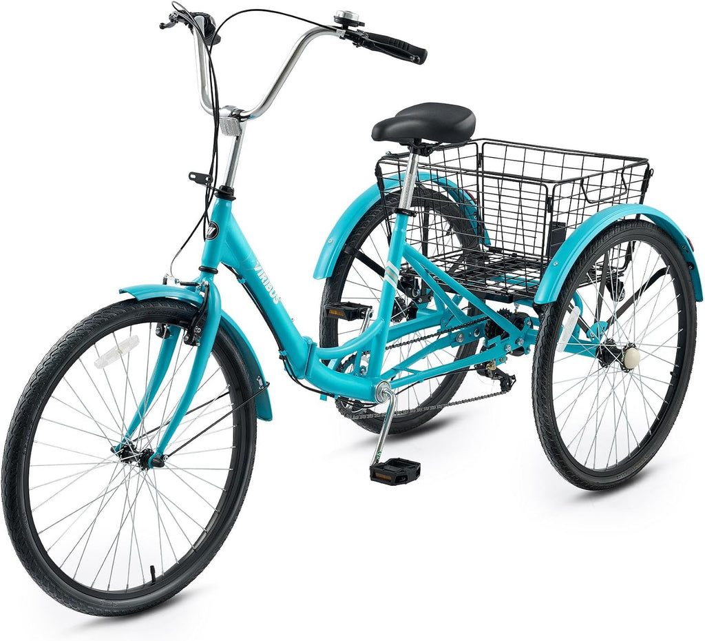 VIRIBUS Folding Tricycle for Adults, 7 Speed Foldable Adult Tricycle with Removable Wheeled Basket, Folding 3 Wheel Bikes for Women Men Seniors 24 26 inch, Collapsible Three Wheeler Trike 330 LB.