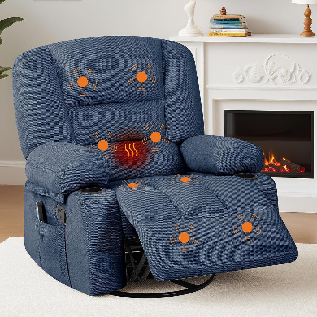 Rocker Recliner Chair with Heat and Massage,Nursery Recliner 360° Swivel Oversized Chairs for Adults,Chenille Lazy Boy Single Sofa Seat with 3 Positions,Side Pockets,2 Cup Holders for Living Room,Blue