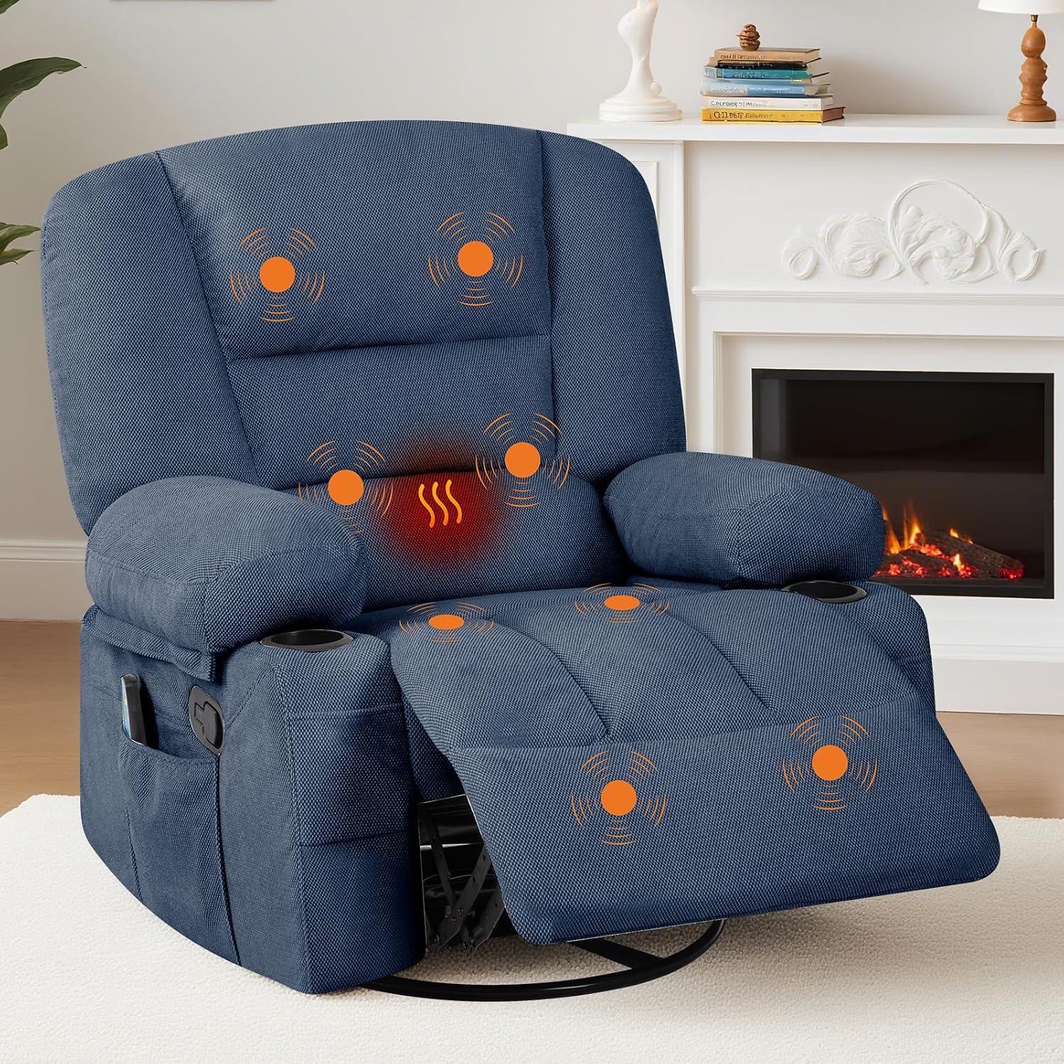 Rocker Recliner Chair with Heat and Massage,Nursery Recliner 360° Swivel Oversized Chairs for Adults,Chenille Lazy Boy Single Sofa Seat with 3 Positions,Side Pockets,2 Cup Holders for Living Room,Blue
