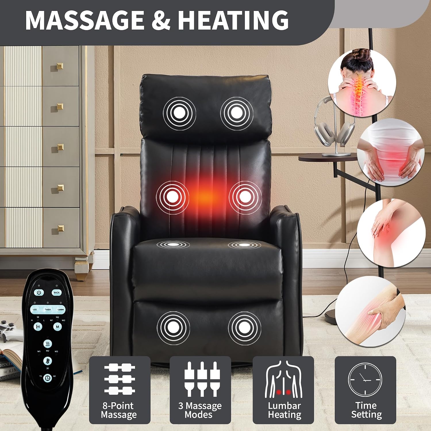 PELUMY 360 Swivel Rocking Recliner Chair for Adults, Nursery Rocking Chair with Heat and Massage, Glider Reclining Chair for Small Space, Living Room, Bedroom, Black, Multiple Line Backrest, Fabric