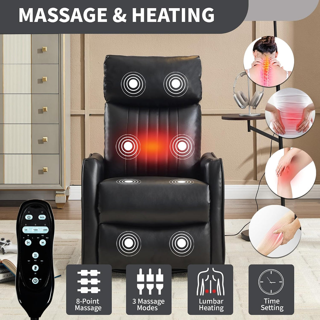 Manual Swivel Rocker Recliner Chair for Adults, Overstuffed Reclining Glider Chair for Nursing with Vibration Massage & Heat, Living Room Rocking Recliner 2-Stage backrest, Faux Leather Black