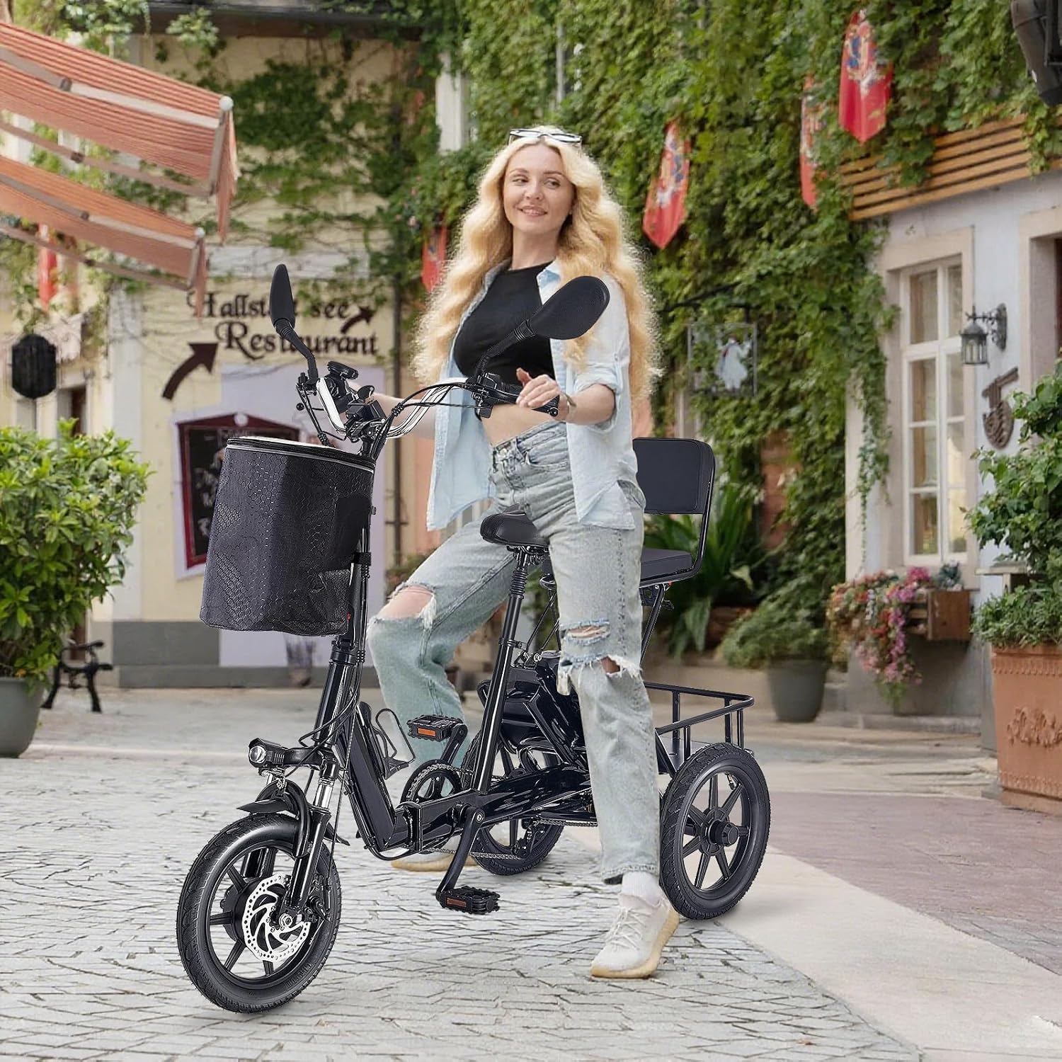 E Trike Electric Bike, 350W(Peak 500W) Brushless Motor Folding Trike, 2 Seats Ebike, 480Wh Removable Battery, Step-Thru 3 Wheel Electric Bicycle, Up to 45 Miles, Tricycle for Adults Parents