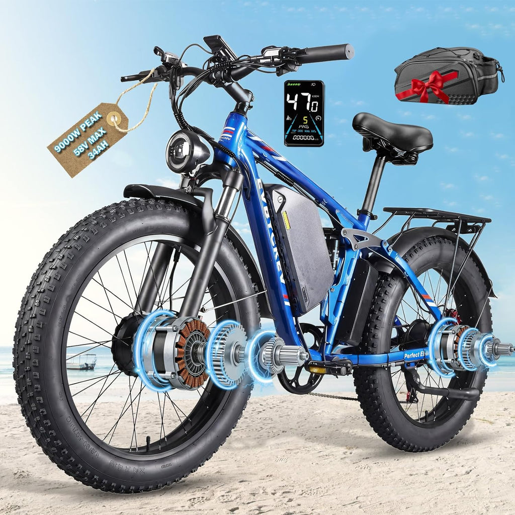 9000W Peak Dual Motor Ebike,58V Max 34Ah Adults Electric Bike,Up to105 Miles Range 47MPH Top Speed Fast Ebike,Full Suspension 24Inches Fat Tires Mountain E Bicycle for Sand Snow Beach&Off-Road