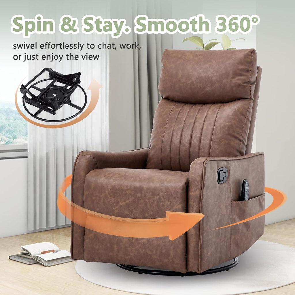 cinkehome Swivel Rocker Recliner, Glider Rocker Recliner Chair for Nursery, Manual Reclining Chair with Heated Massage, Small Spaces, Living Room, Faux Leather Light Brown