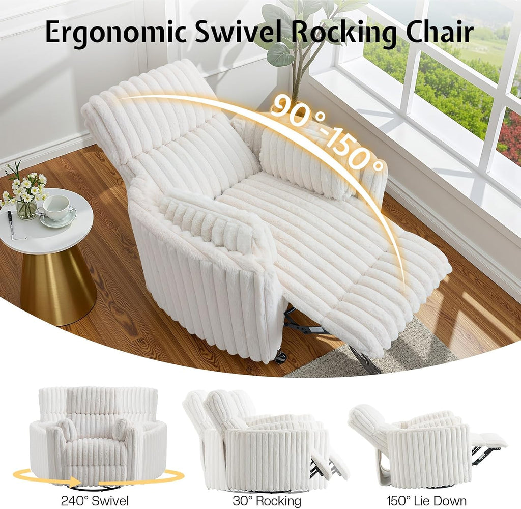 Jocisland Power Recliner Nursery Chair for Adults, Electric Swivel Rocking Glider with USB & Type-C Charge, Plush Corduroy Armchair with 2 Pillows, Cozy Reclining Sofa for Living Room, Bedroom, Cream