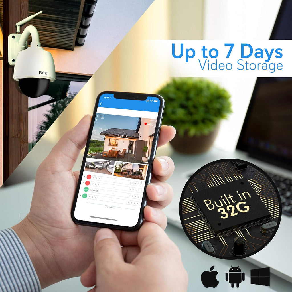 Pyle Outdoor IP Camera Optical Zoom, HD 960p with 32g SD Storage, Weatherproof Wireless WiFi Home Security Surveillance, Outdoor PTZ Pan Tilt Dome and 4X Zoom, Smartphone App Monitoring
