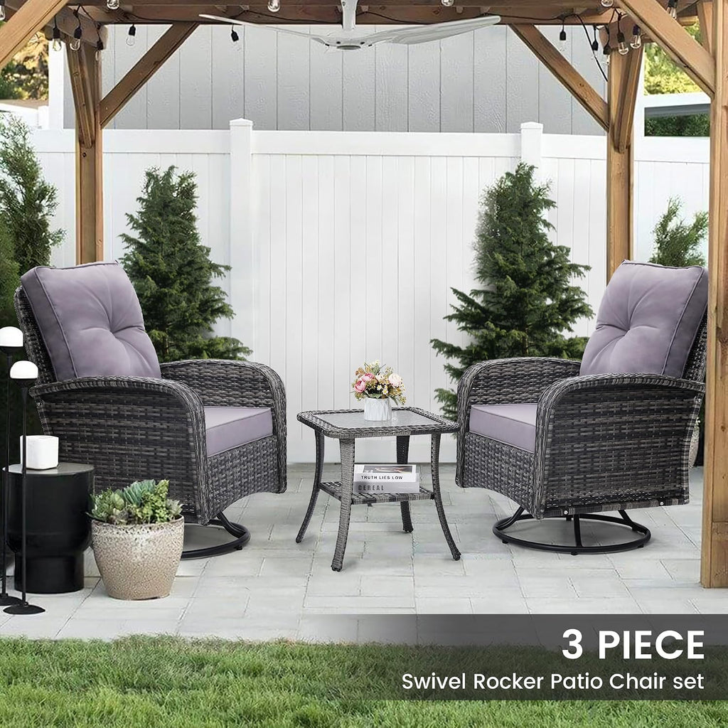 wildformers Luxury Outdoor Swivel Wicker Glider Patio Chairs with Table Set, Overstuffed Washable Cushions, Ideal for Porch, Balcony, Deck, Grey Rattan and Grey Cushion