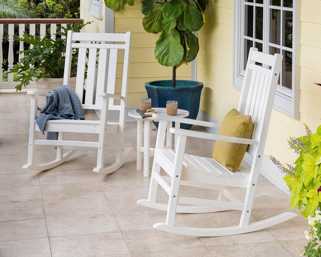 POLYWOOD Estate 3-Piece Rocking Chair Set, Outdoor Porch Rockers with Side Table, All-Weather HDPE Patio Furniture for Deck, Garden, Backyard, White