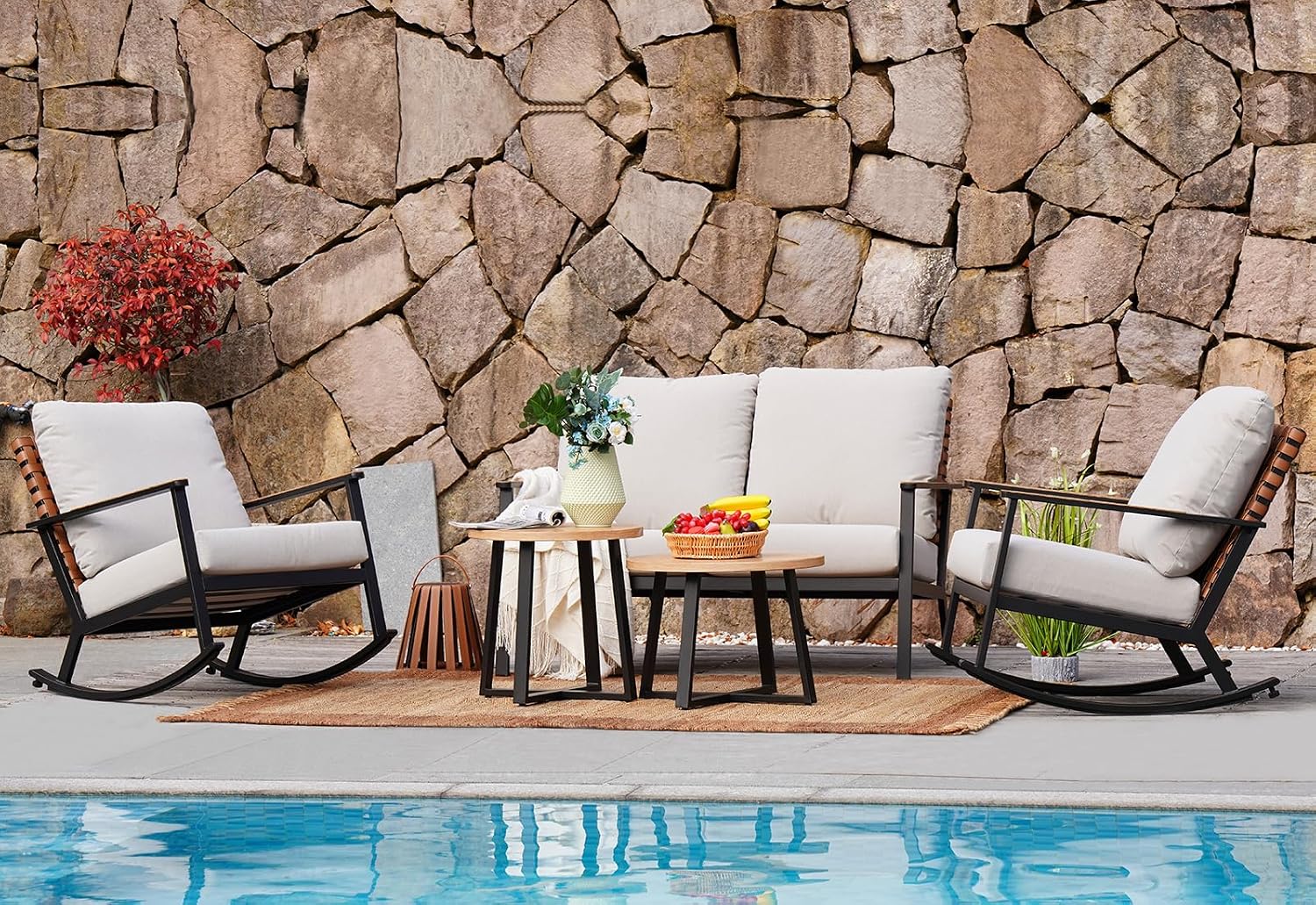 Grand patio Outdoor Rocking Chairs, 2-Piece Loveseat Leather-Look Patio Bistro Set Outdoor Furniture Conversation Sets，4.75'' Grey Cushions