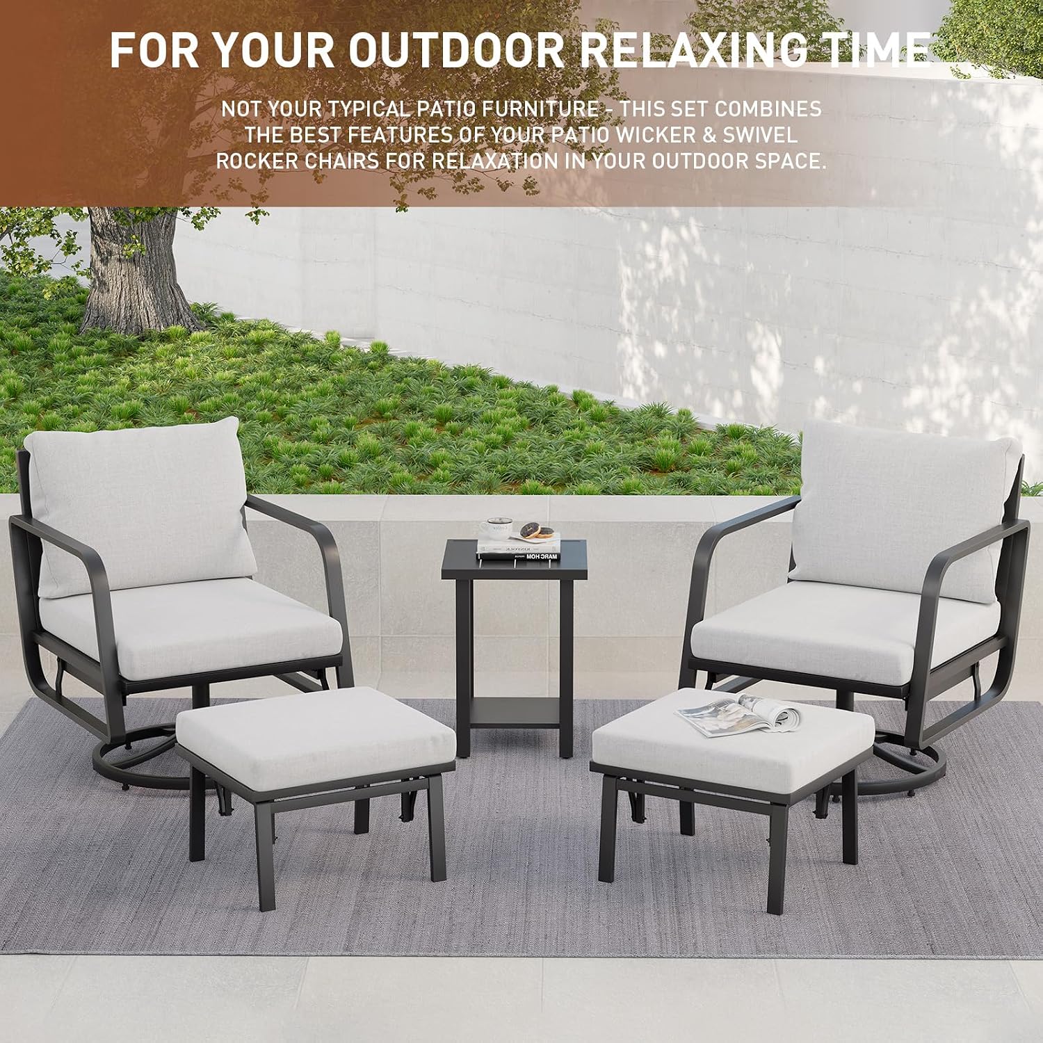 Patio Glider Swivel Rocker Sets: 4Pieces Aluminum Alloy Ensemble with 360° Swivel Rocking Glider Chairs, Rust-Resistant Frame Cushions -Perfect for Decoration (1 Glider chair& 1 Ottoman+1Table)