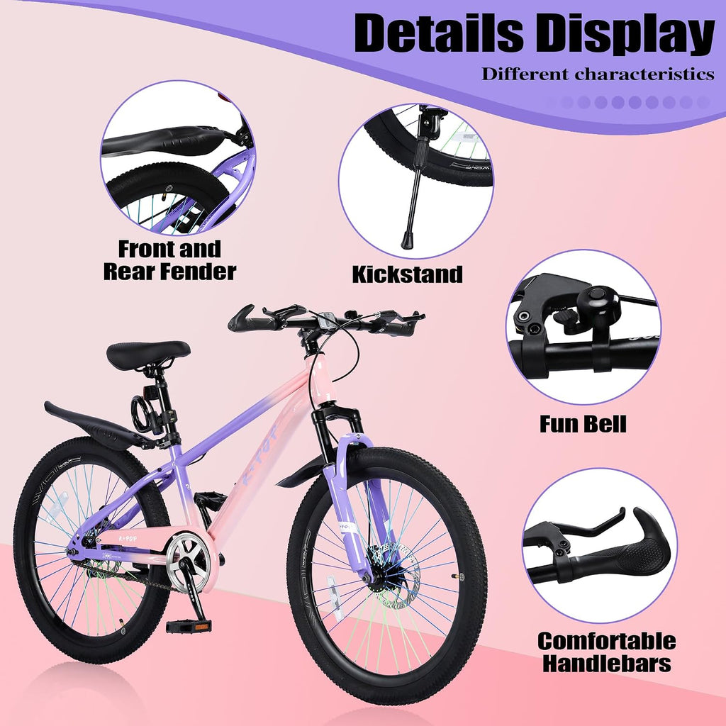 24 Inch Kids Mountain Bike for 7-12 Years Old Boys, Single Speed/7-Speed Girls Mountain Bicycle W/Suspension Fork,Adjustable Seat Height, Kids' Bicycles for Beginner Level Riders