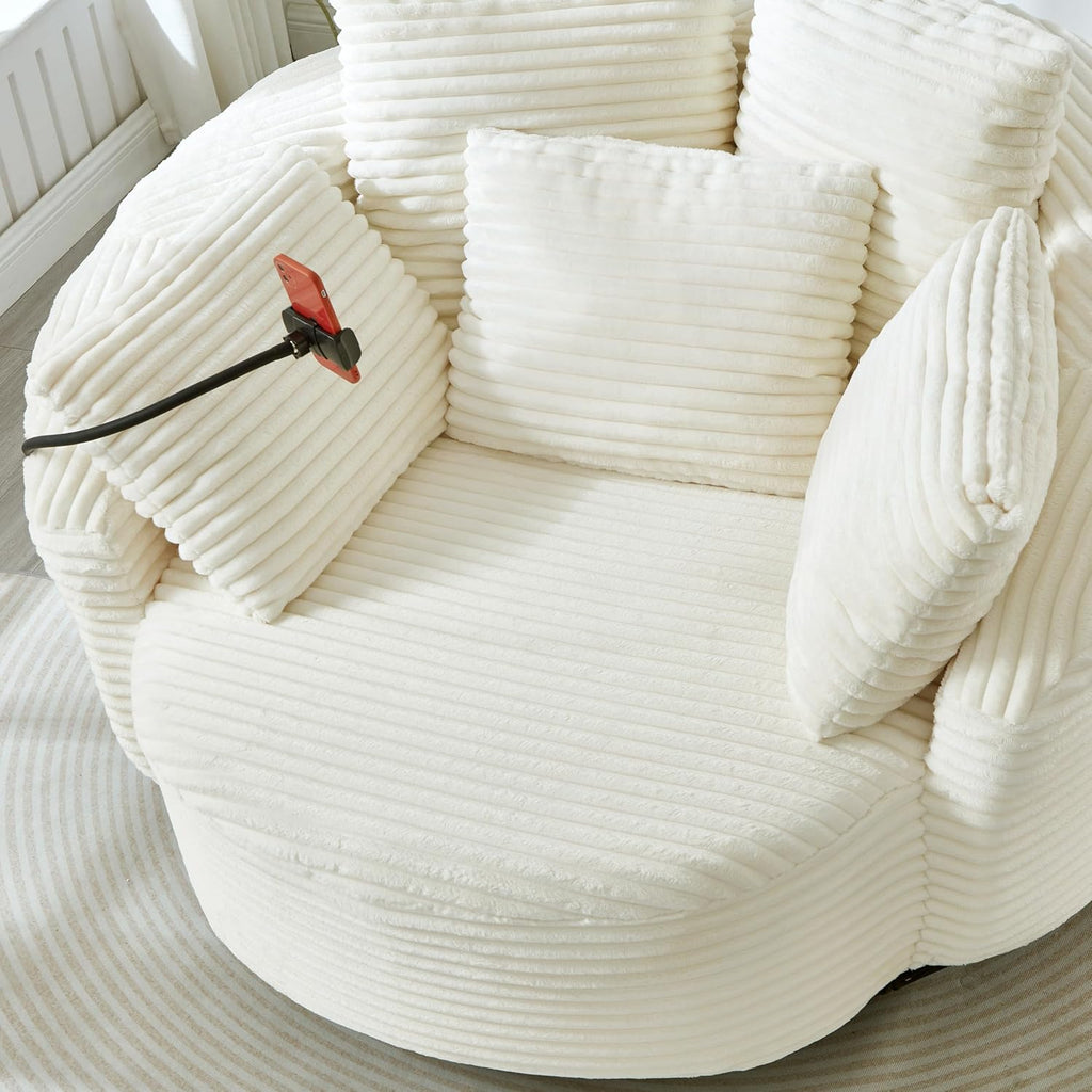 JIVOIT 360° Swivel Accent Chair with 5 Throw Pillows, Adjustable Phone Holder, Corduroy Fabric Round Sofa Chair Barrel Chair with Semi-Wraparound Design for Living Room, Office and Hotel (Beige,1)