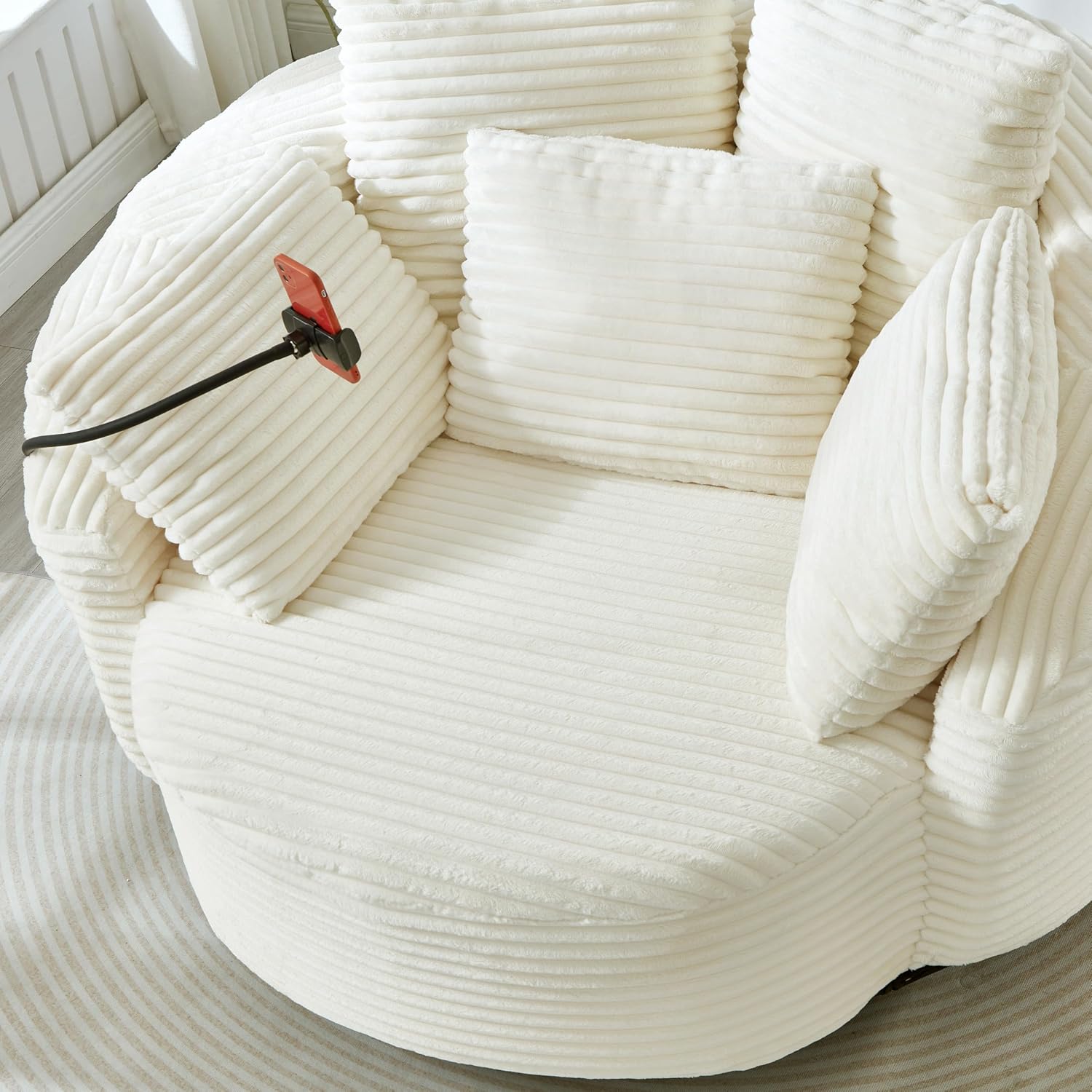JIVOIT 360° Swivel Accent Chair with 5 Throw Pillows, Adjustable Phone Holder, Corduroy Fabric Round Sofa Chair Barrel Chair with Semi-Wraparound Design for Living Room, Office and Hotel (Beige,1)
