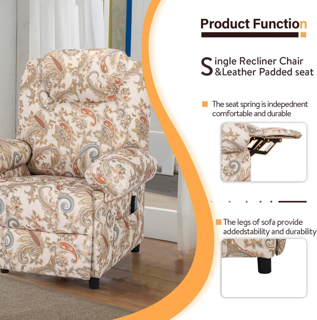 Manual Recliner Chair, Massage Chair Recliners with Heat, Pushback Recliners for Living Room Small Recliner Chairs for Small Spaces Fabric Overstuffed Single Sofa with Vibration Home Theater,Floral
