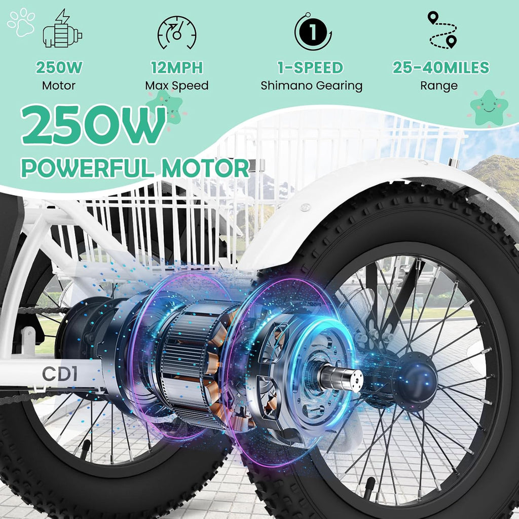 LILYPELLE Electric Tricycle for Youth, 250W Aluminum Frame Electric Tricycle Etrike, 16IN 3 Wheels Electric Bicycle Bikes, 3.0 Fat Tire Electric Trike with Removable Battery and Rear Basket
