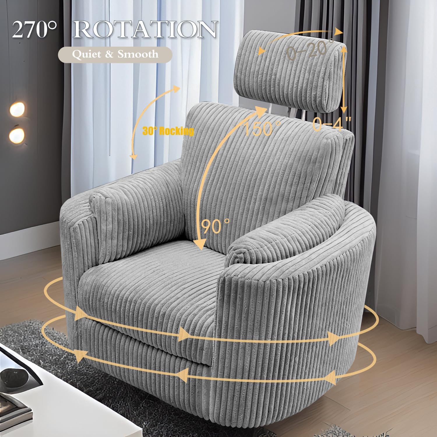 Zenosyne Power Swivel Recliner Rocking Chair Nursery Glider Rocker with Headrest, USB and Type-c Port, Corduroy Electric Reclining Sofa Chair Arm Chair for Living Room (Dark Gray)
