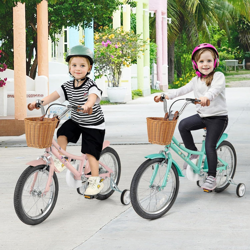 BABY JOY Retro Kids Bike, 12 14 16 18 Inch Child Bike for 3-8 Years Old w/Rattan Basket, Adjustable Height, Training Wheels, Fenders, Handbrake Coaster Brake, 95% Pre-Assembled Kids Bicycle for Girls