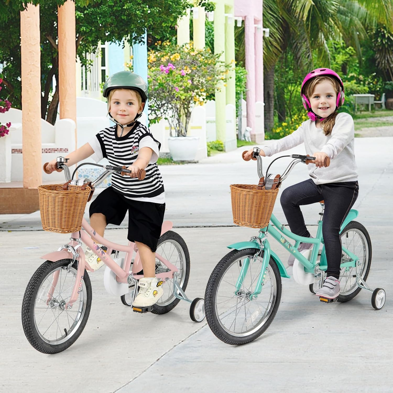BABY JOY Retro Kids Bike, 12 14 16 18 Inch Child Bike for 3-8 Years Old w/Rattan Basket, Adjustable Height, Training Wheels, Fenders, Handbrake Coaster Brake, 95% Pre-Assembled Kids Bicycle for Girls