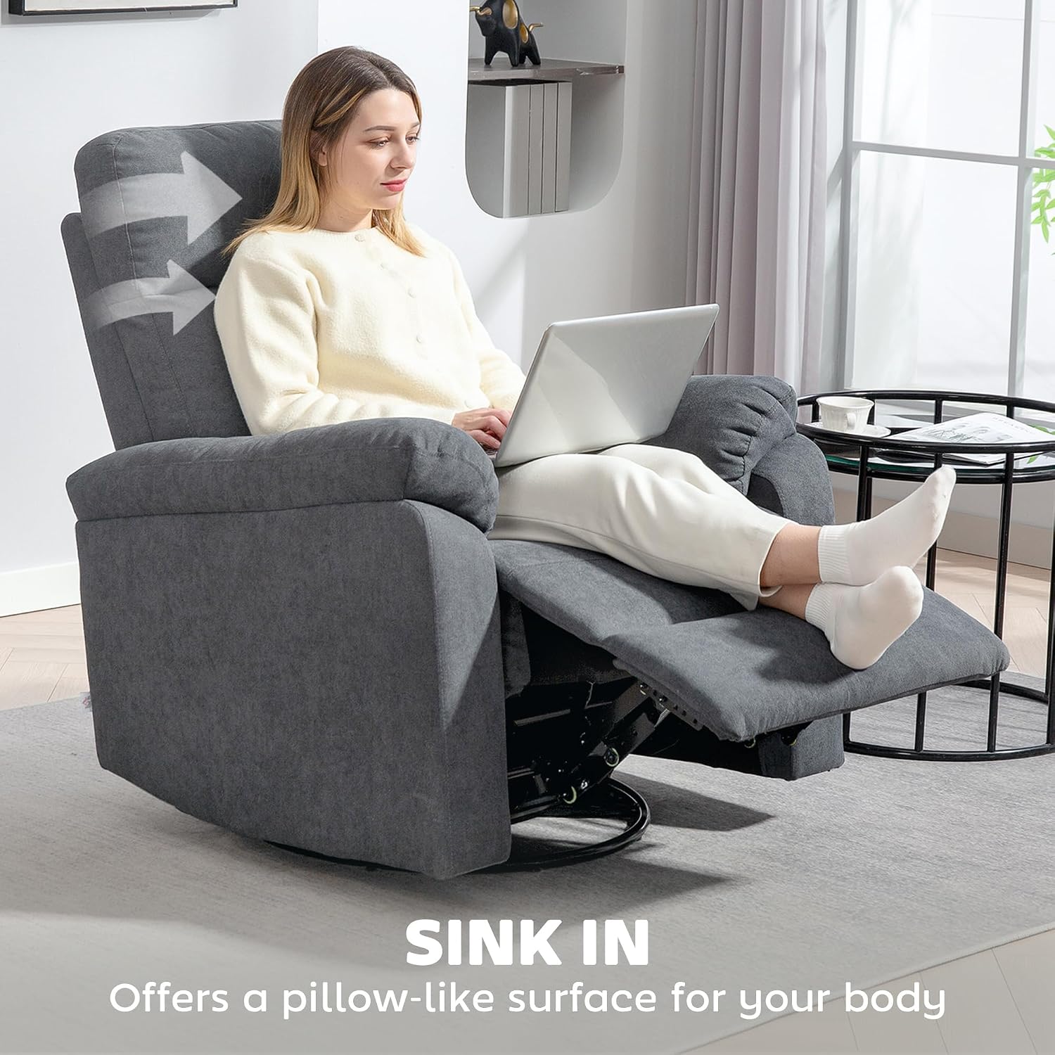 HOMCOM Swivel Rocker Recliner Chair, Wide Glider Rocking Single Sofa with Pocket Spring, Footrest, Modern Fabric Overstuffed Reclining Chair for Living Room, Bedroom, Quick Assembly, Gray
