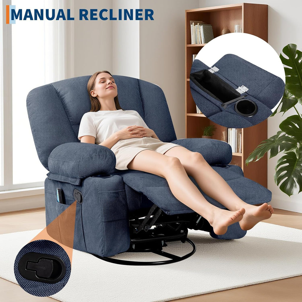 Rocker Recliner Chair with Heat and Massage,Nursery Recliner 360° Swivel Oversized Chairs for Adults,Chenille Lazy Boy Single Sofa Seat with 3 Positions,Side Pockets,2 Cup Holders for Living Room,Blue