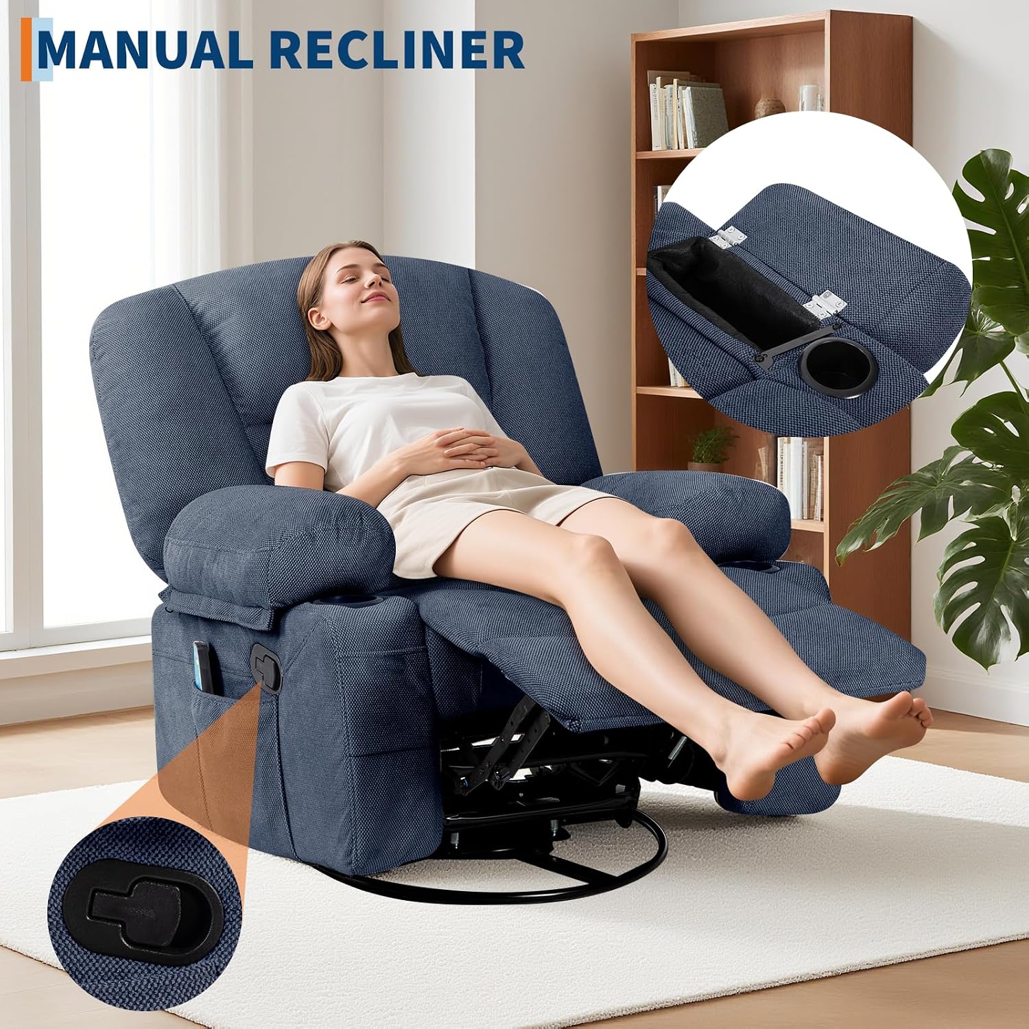 Rocker Recliner Chair with Heat and Massage,Nursery Recliner 360° Swivel Oversized Chairs for Adults,Chenille Lazy Boy Single Sofa Seat with 3 Positions,Side Pockets,2 Cup Holders for Living Room,Blue